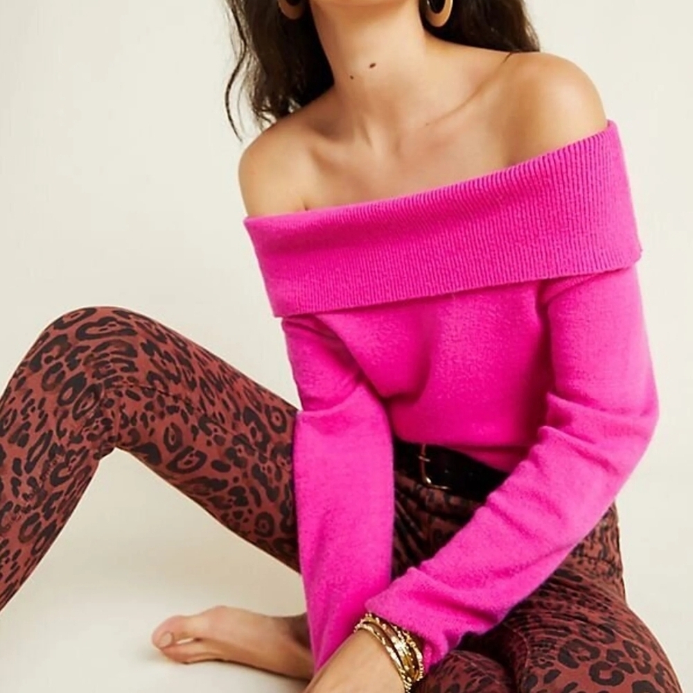 Anthropologie Off The Shoulder Ribbed Shelby Pullover Hot Pink Sweater Sz XS